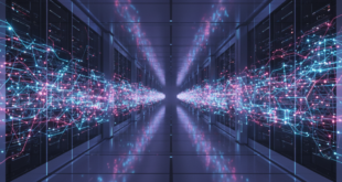 Luminous neural network nodes flowing through a futuristic data center corridor