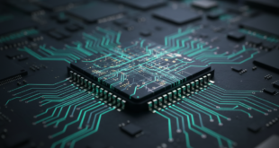 Close-up of a glowing advanced semiconductor chip on a circuit board