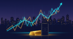 Abstract market chart over a city skyline with an oil barrel and gold bar, symbolizing the global economy awaiting the Fed
