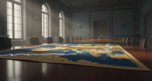 Empty negotiating table with a map and a glowing ceasefire line, symbolizing the planned Ukraine talks